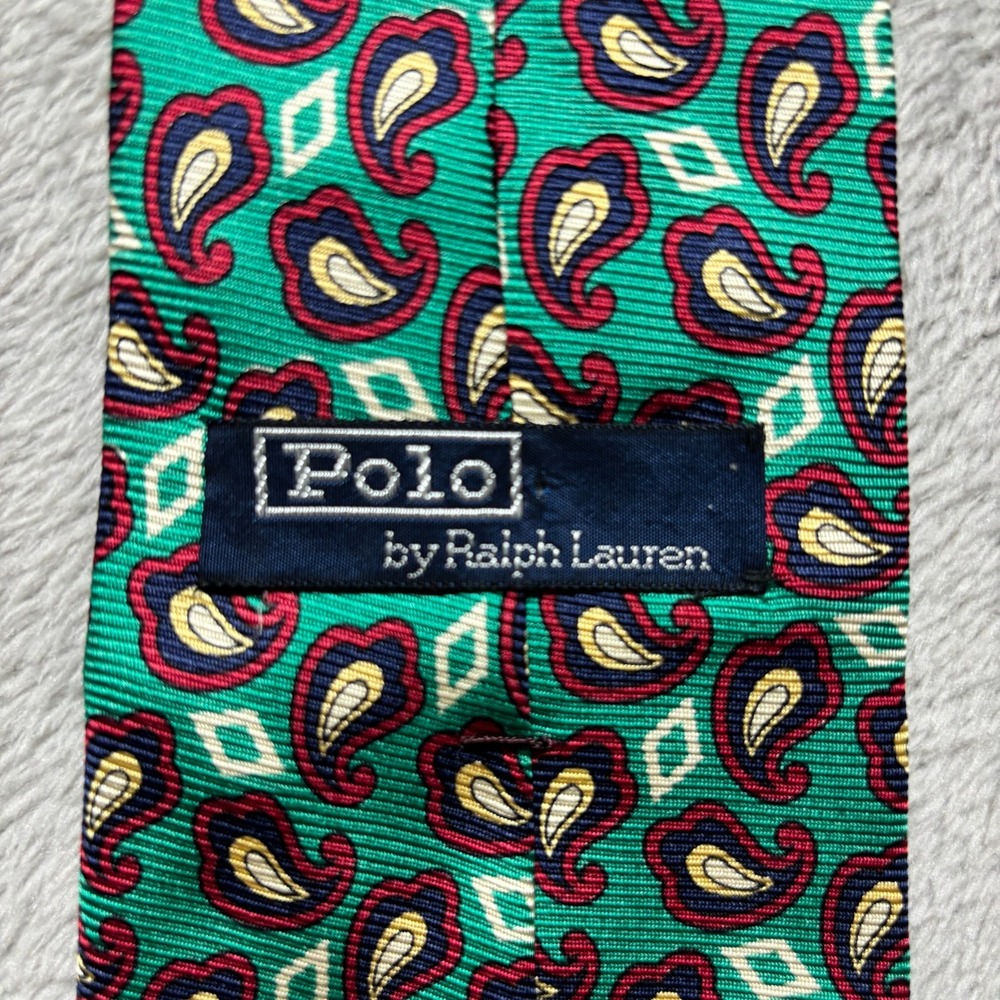VTG Polo Ralph Lauren Neck Tie 100% Silk USA Paisley Teal Green Red Blue Yellow‎